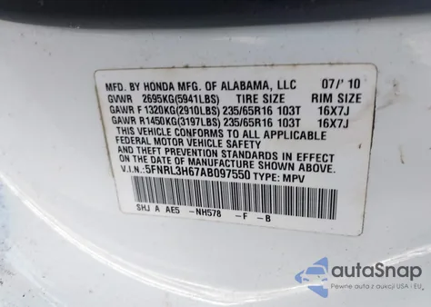 2010 Honda Odyssey Ex-L z USA, uszkodzony, nr VIN 5FNRL3H67AB097550